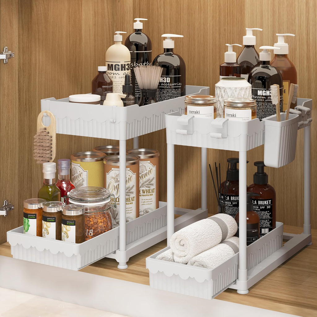 Sevenblue 2-Pack Under Sink Organizer – 2-Tier Sliding Drawer Storage with Hooks & Cup for Kitchen & Bathroom (White)