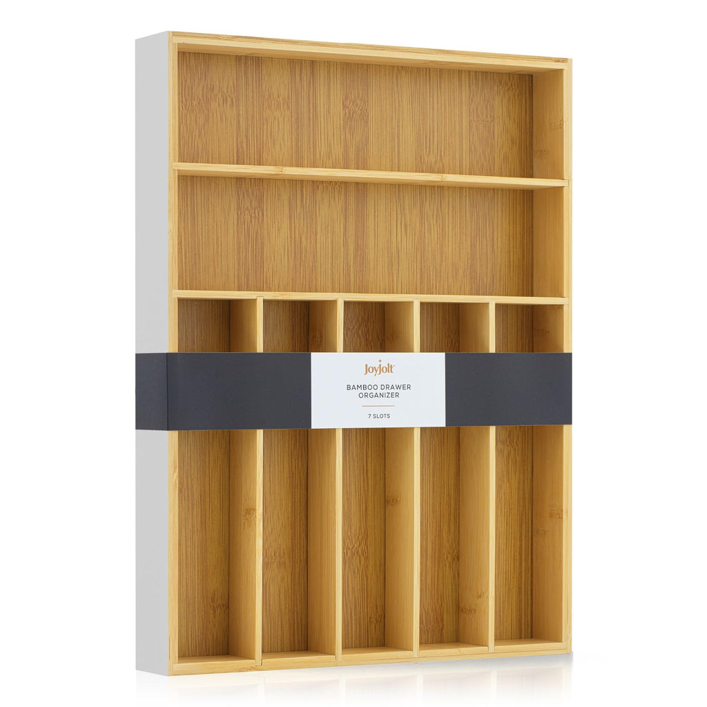 JoyJolt Bamboo Drawer Organizer – 7-Compartment Silverware & Utensil Tray for Kitchen, Bathroom & Multi-Use Storage
