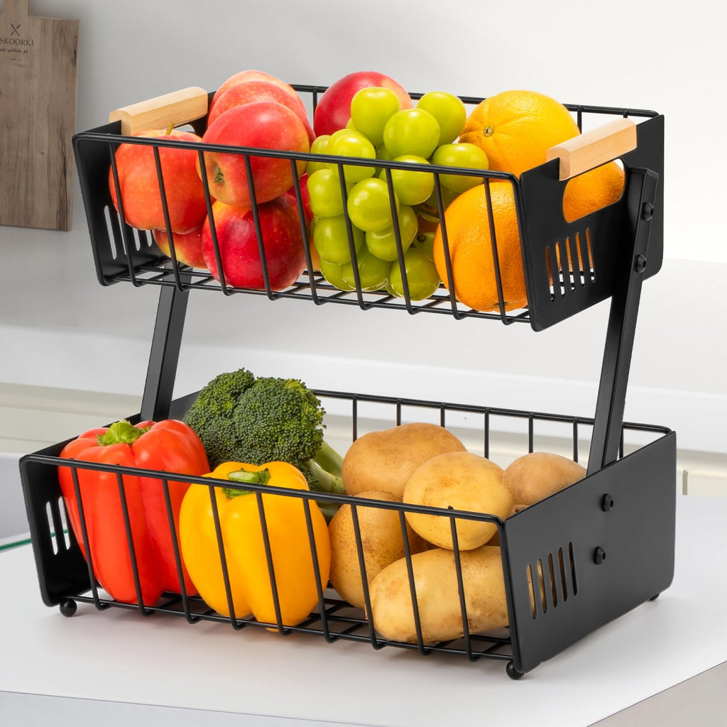 Wetheny 2-Tier Fruit Basket – Detachable Metal Organizer with Wooden Handle for Kitchen Counter Storage