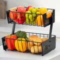 Wetheny 2-Tier Fruit Basket – Detachable Metal Organizer with Wooden Handle for Kitchen Counter Storage