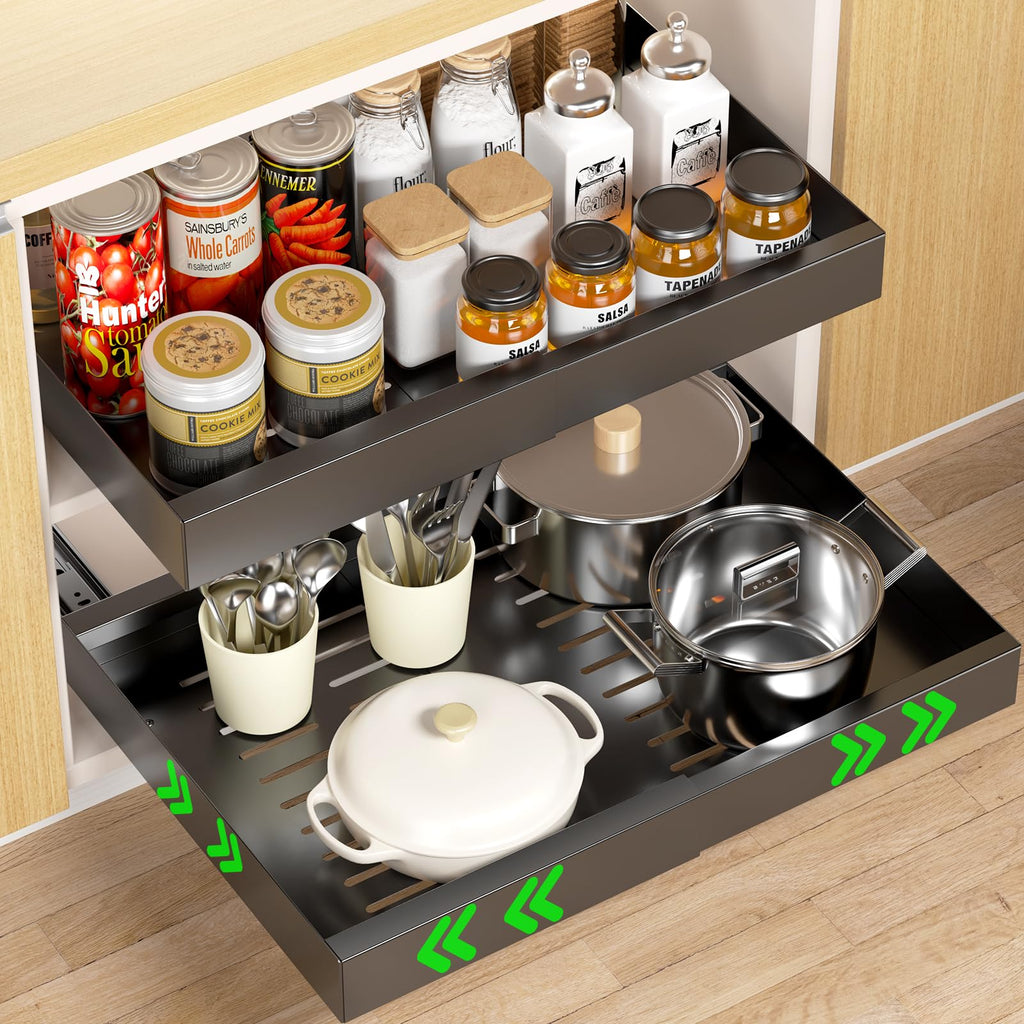Delamu Pull-Out Cabinet Organizer – Upgraded Expandable Slide-Out Drawer, Heavy-Duty Metal Shelf for Kitchen, Bathroom, Pantry & Under Sink Storage