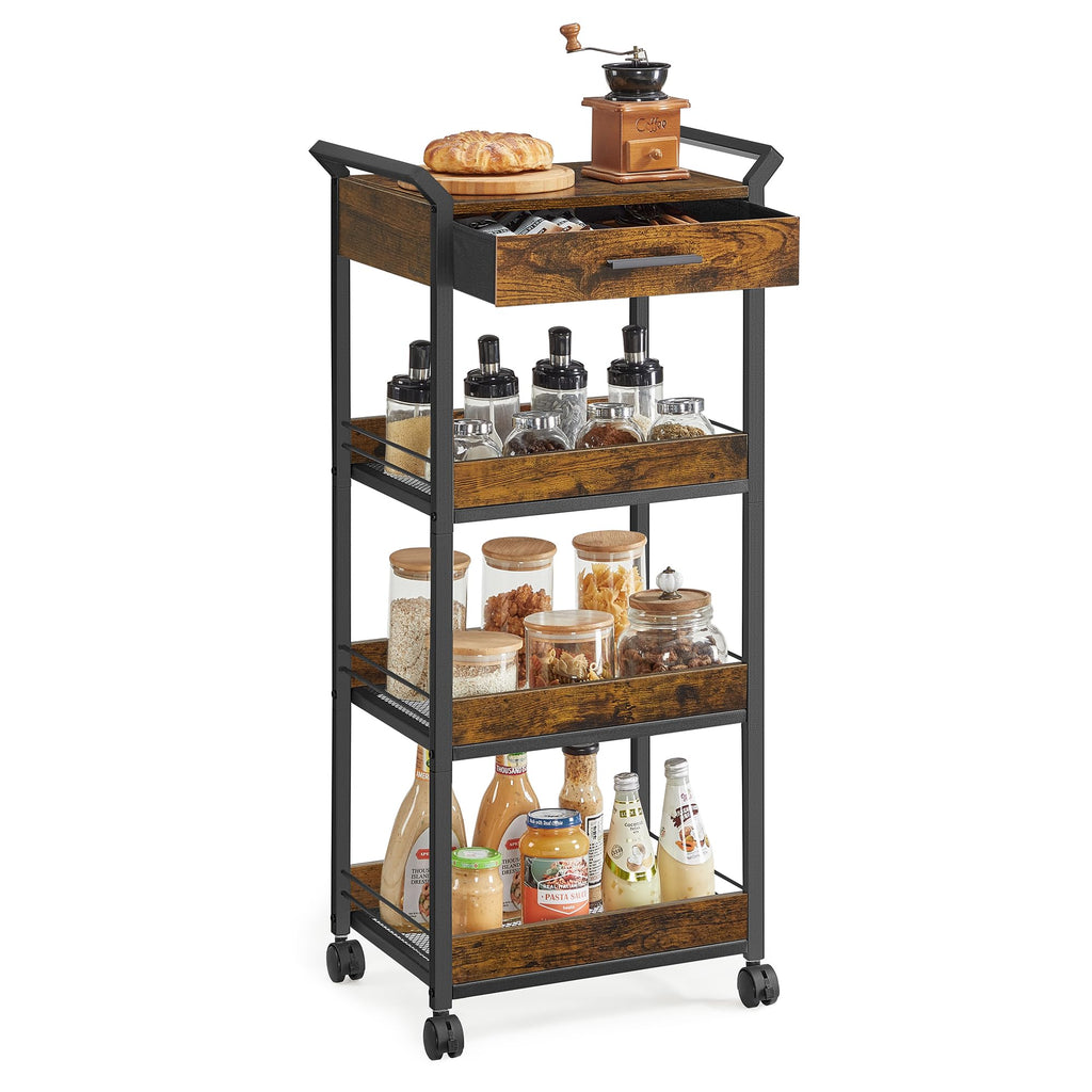VASAGLE 4-Tier Rolling Cart – Mobile Storage with Drawer, Tabletop & Lockable Wheels for Kitchen, Bathroom & Bedroom Organization